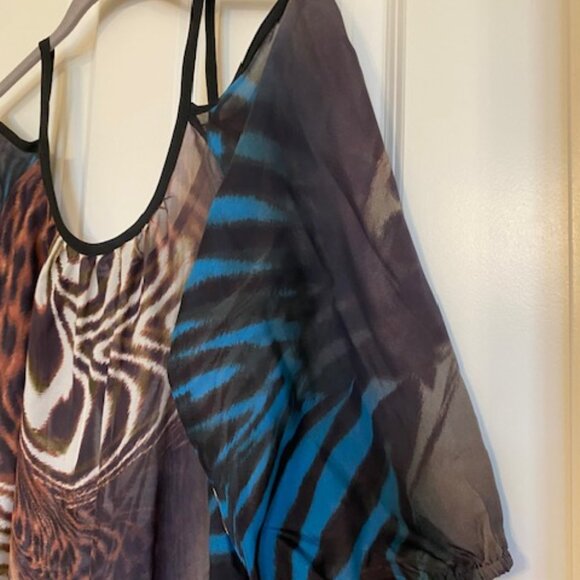 Bebe 100% Silk Cold Shoulder Blouse Animal Print Brown/Blue Size M - Picture 11 of 16